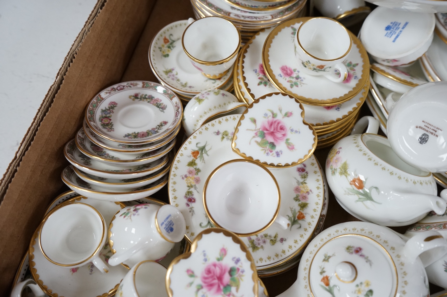 A large collection of Wedgwood and Coalport miniature tea wares, largest piece 24cm wide
